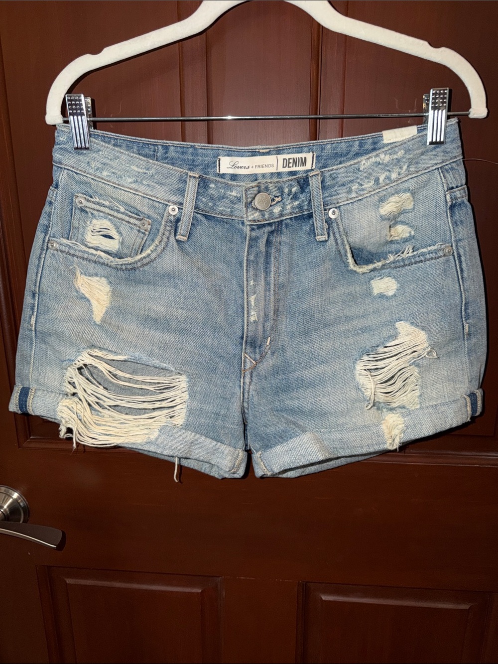 Lovers + Friends Light Blue Distressed Roll Cuff Denim Shorts